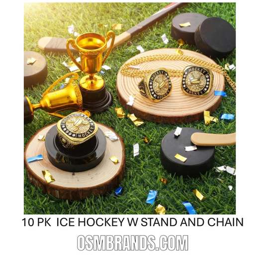 10 Pack Ice Hockey Championship Rings with Display Stand and Chain