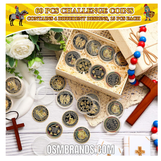 60 Pcs Armor of God Challenge Coins – 4 Designs, 15 Each | Double Sided