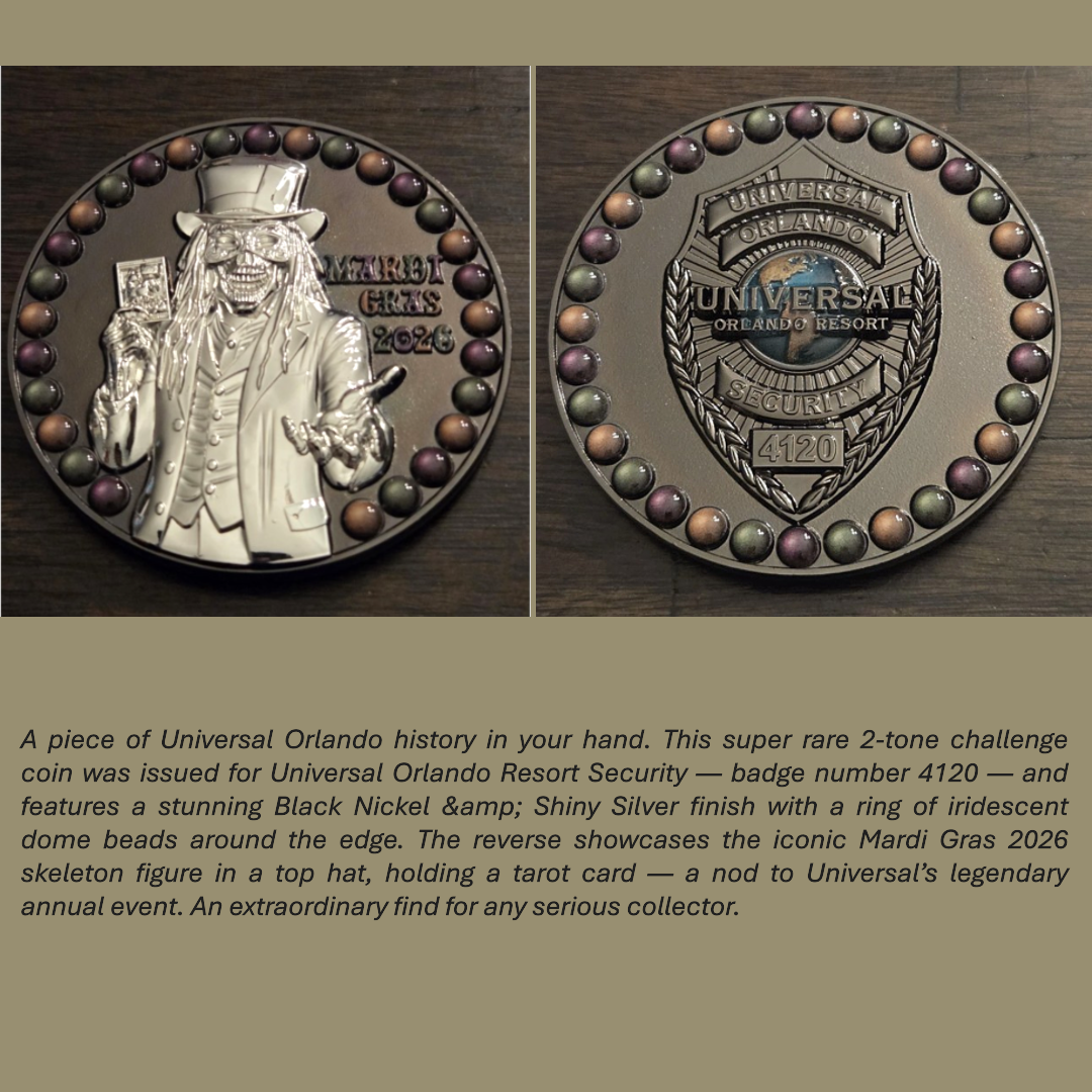 Universal Orlando Resort Security Challenge Coin – Mardi Gras 2026 – RARE Black Nickel & Shiny Silver 2-Tone