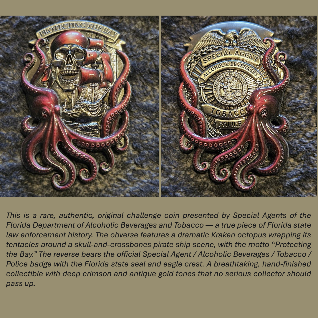 Tampa Bay Florida Dept. of Alcoholic Beverages & Tobacco – Special Agent Challenge Coin – RARE Kraken Pirate Design
