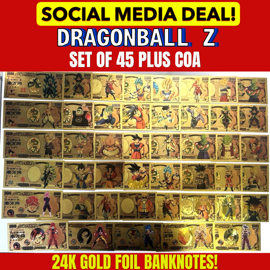 Dragon Ball Z 24K Gold Foil Banknote Set of 45 + COA – Social Media Deal
