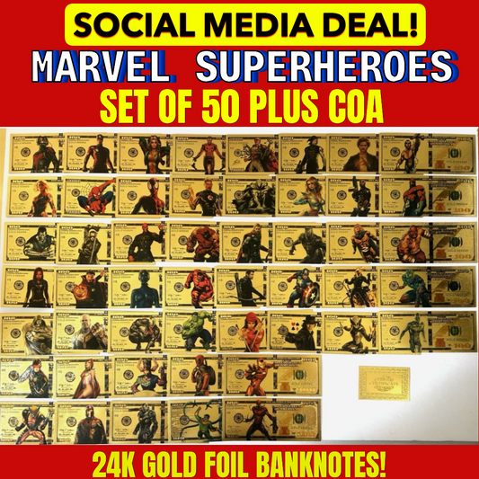 Complete Marvel Superheroes Set – 24K Gold Foil Novelty Banknotes (50 PC)