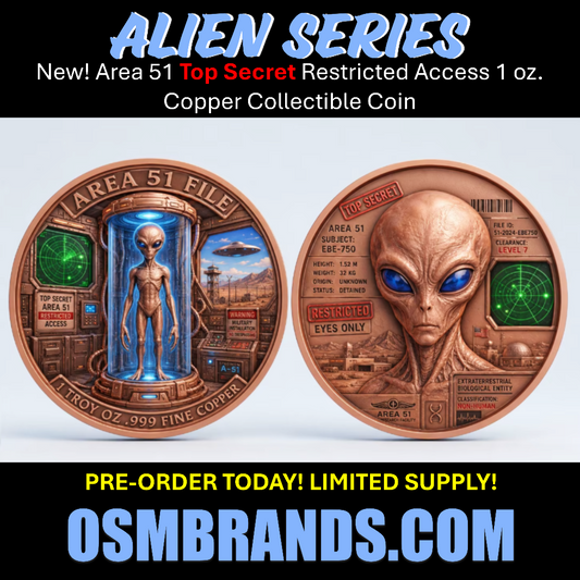 Area 51 File – EBE-750 Alien 1 Troy Oz .999 Fine Copper Round (40mm)(LATE SEPT 26 ARRIVAL)
