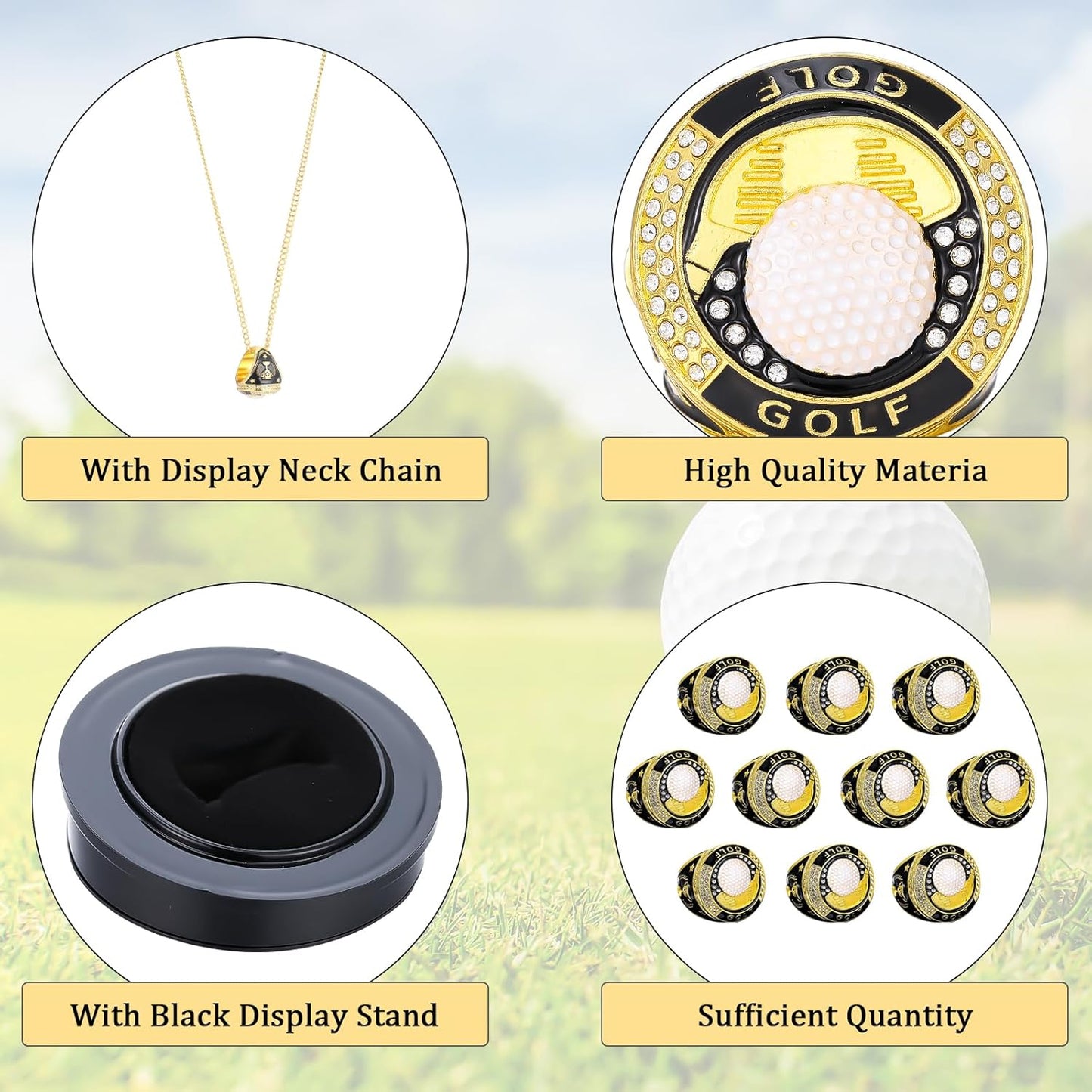 10 Pack Golf Championship Rings with Display Stand and Chain