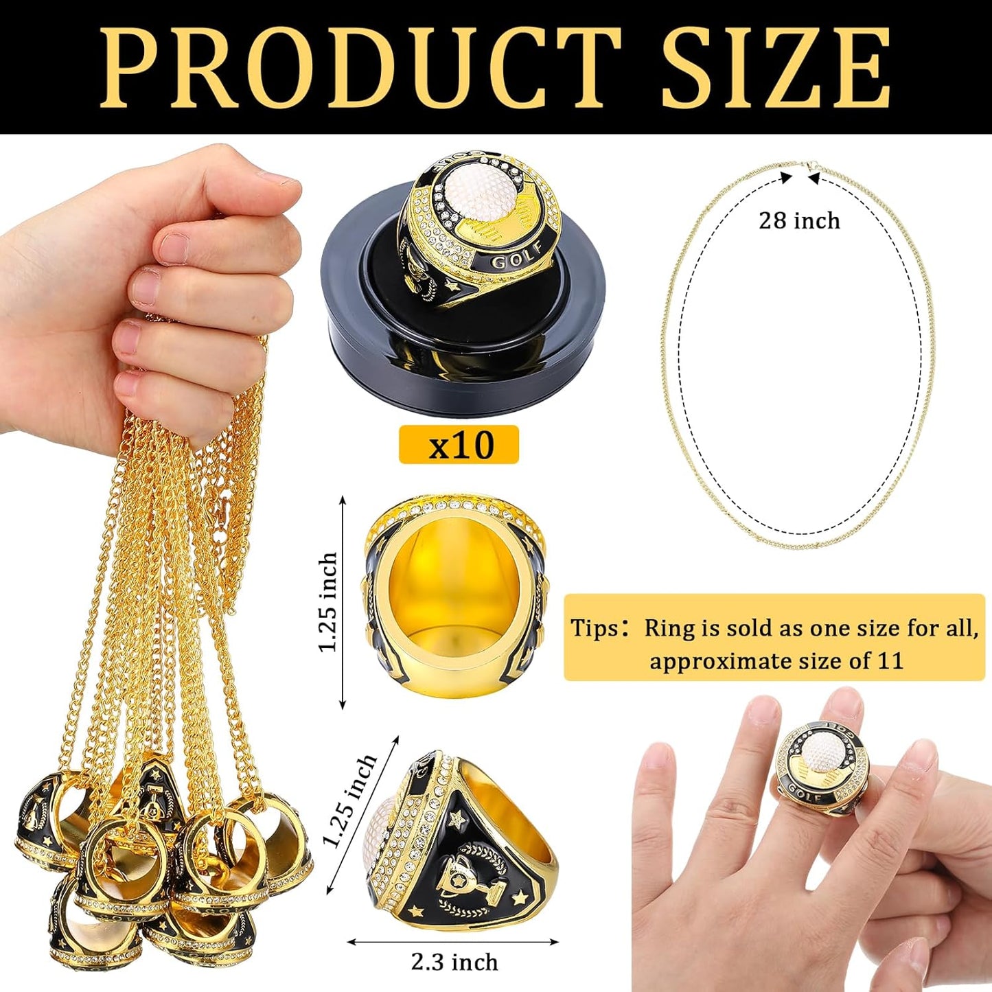 10 Pack Golf Championship Rings with Display Stand and Chain