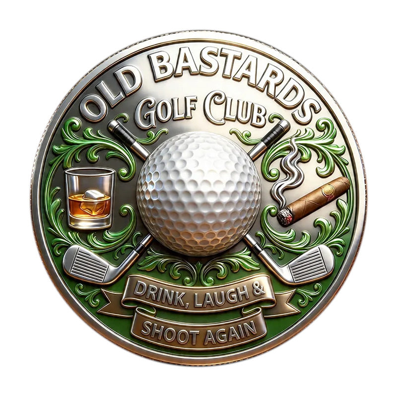 Old Bastards Golf Club Drink Laugh & Shoot Again Challenge Coin reverse closeup – golf ball crossed clubs whiskey glass cigar green enamel scrollwork antique silver
