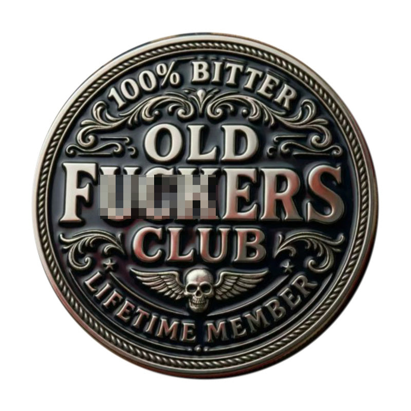100% Bitter Old F**kers Club Lifetime Member Challenge Coin obverse – ornate Victorian scroll lettering antique silver skull wings no enamel