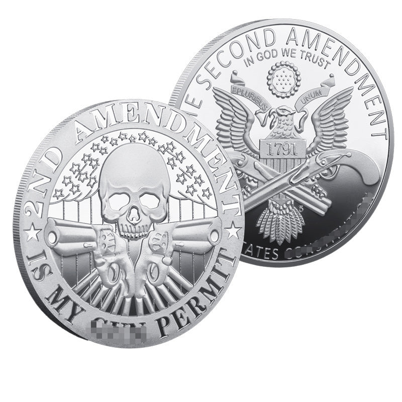 2nd Amendment Is My Gun Permit Silver-Tone No Enamel Challenge Coin both sides – silver skull crossed pistols stars stripes relief obverse and Second Amendment 1791 Great Seal bald eagle antique silver reverse