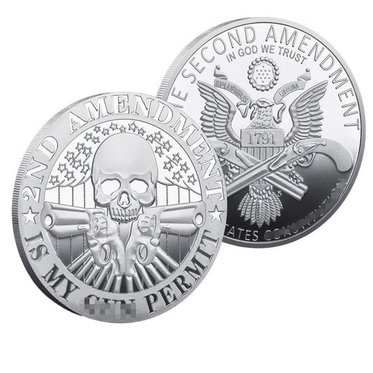 2nd Amendment Is My Gun Permit Silver-Tone No Enamel Challenge Coin both sides – silver skull crossed pistols stars stripes relief obverse and Second Amendment 1791 Great Seal bald eagle antique silver reverse