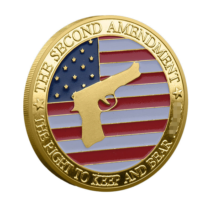 Second Amendment The Right to Keep and Bear Arms Challenge Coin obverse – gold-tone American flag enamel with pistol silhouette