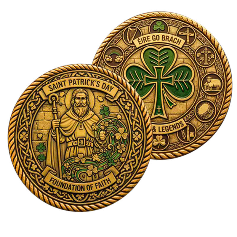 Saint Patrick’s Day Foundation of Faith Éire Go Brách Challenge Coin both sides – Saint Patrick Celtic knotwork obverse and shamrock cross Irish symbols reverse antique gold