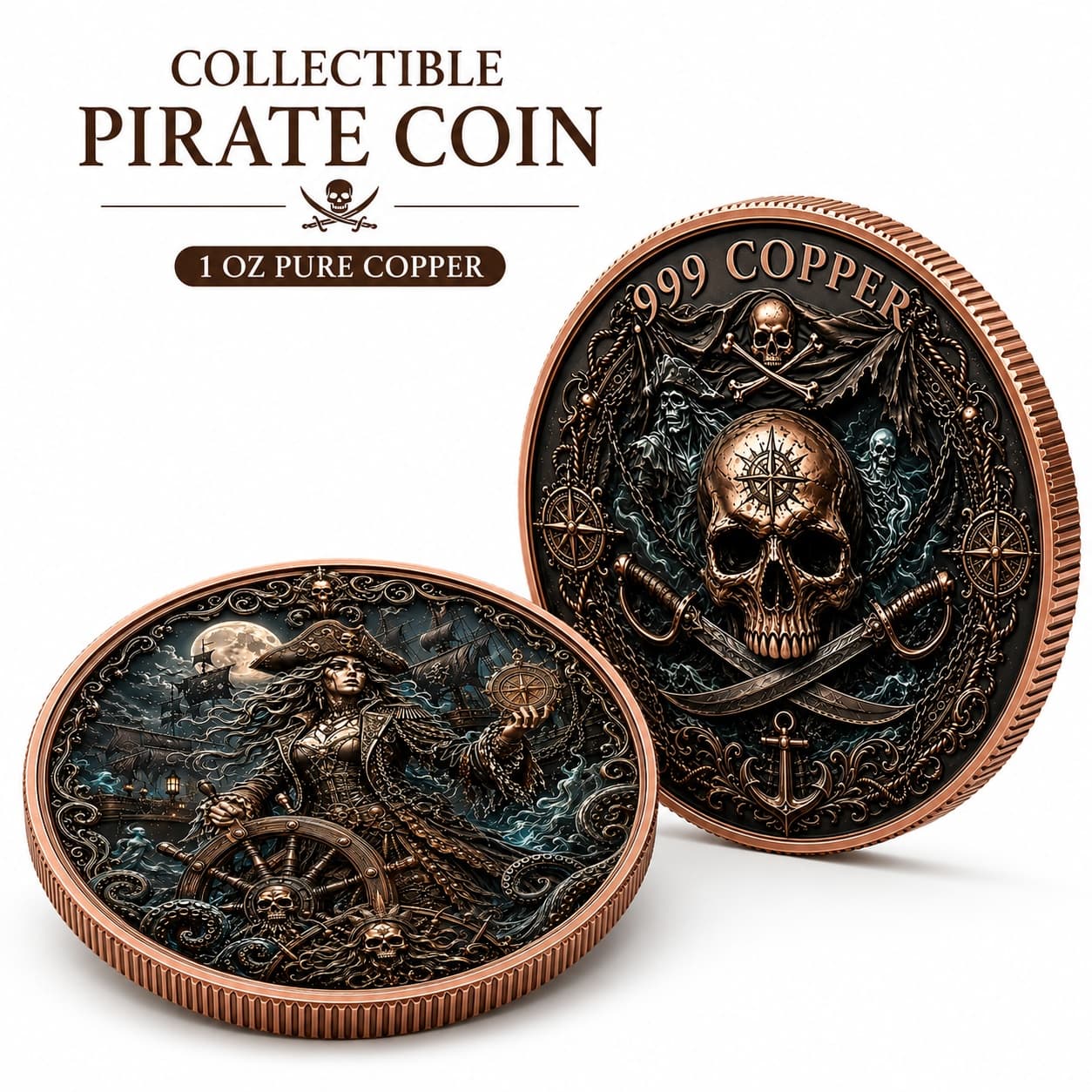 PRE-SALE! Pirate Queen 1 oz .999 Copper Round High Relief (End Of August 26 Arrival)