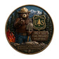 Smokey Bear Only You Can Prevent Wildfires Challenge Coin obverse – Smokey Bear ranger hat pointing finger shovel US Forest Service shield USDA enamel fire mountains antique bronze