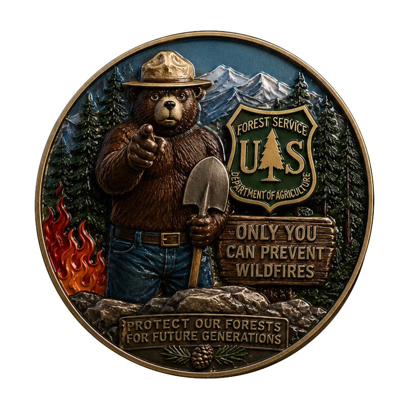 Smokey Bear Only You Can Prevent Wildfires Challenge Coin obverse – Smokey Bear ranger hat pointing finger shovel US Forest Service shield USDA enamel fire mountains antique bronze