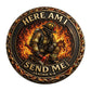 Here Am I Send Me Isaiah 6:8 Firefighter Challenge Coin obverse closeup – firefighter kneeling axe inferno burning house orange flames antique bronze gold rim