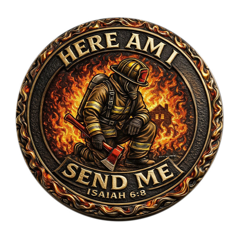 Here Am I Send Me Isaiah 6:8 Firefighter Challenge Coin obverse closeup – firefighter kneeling axe inferno burning house orange flames antique bronze gold rim