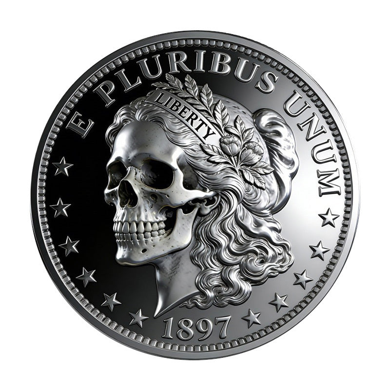 Skull Liberty E Pluribus Unum Novelty Coin 1897 – Obverse skull Lady Liberty with flowing hair antique silver