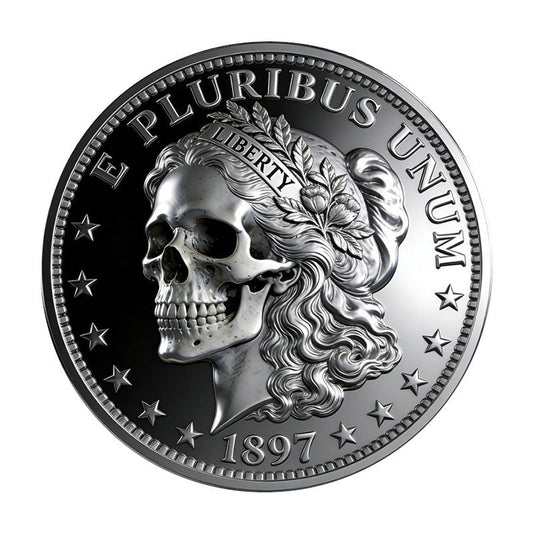 Skull Liberty E Pluribus Unum Novelty Coin 1897 – Obverse skull Lady Liberty with flowing hair antique silver