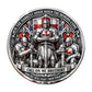 In the Darkest Hour When the Demons Come Call on Me Brother Challenge Coin obverse – three Templar knights full plate armor red cross swords shield Gothic cathedral antique silver red enamel