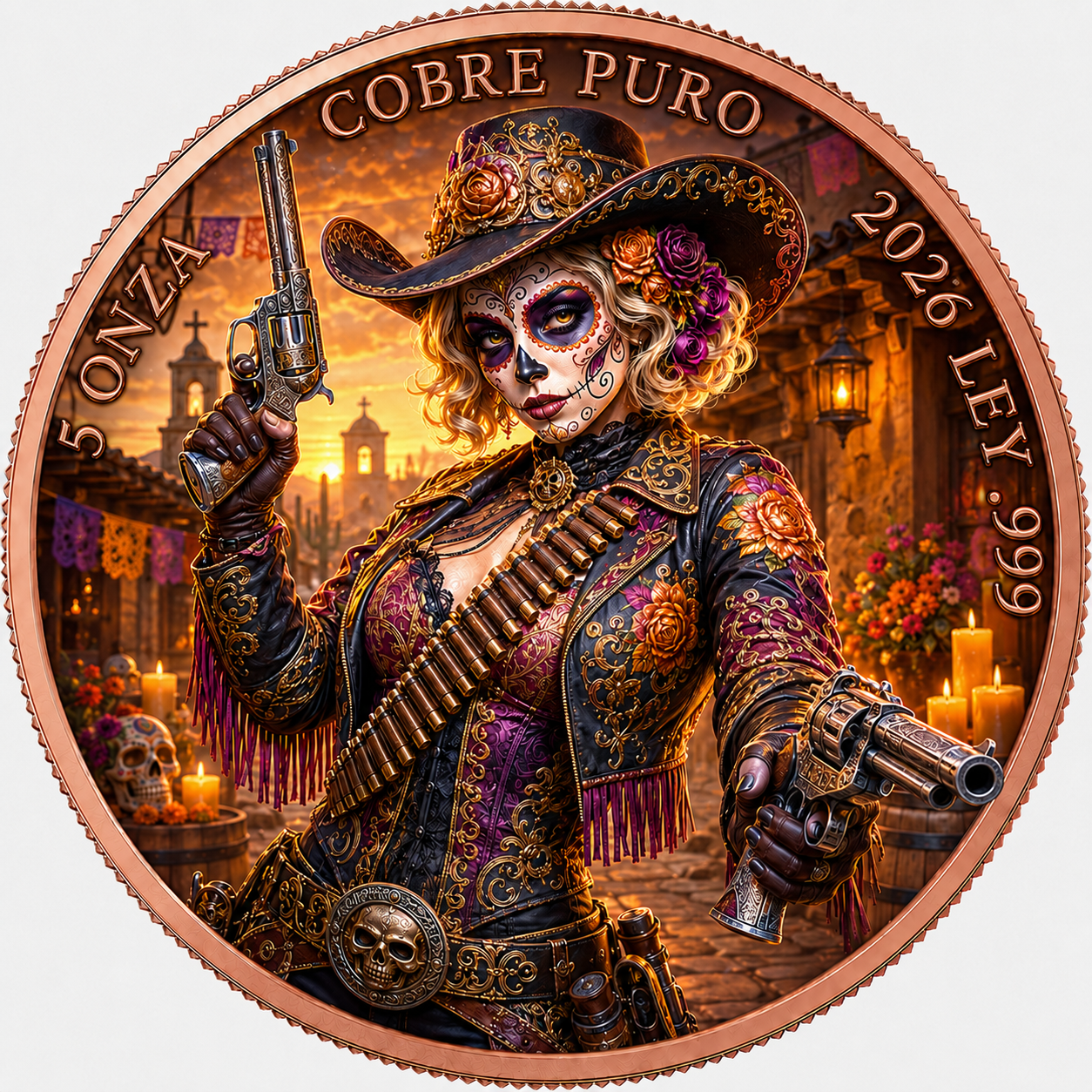 Mexican Libertad 5 oz .999 Fine Copper Round – Day of the Dead Gunslinger Art Edition (PACK of 20)