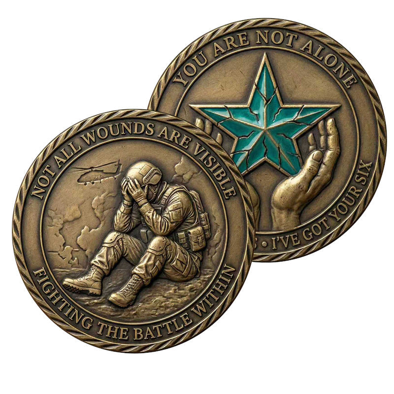 Not All Wounds Are Visible PTSD Awareness Challenge Coin both sides display – soldier head in hands helicopter obverse and teal star cupped hands You Are Not Alone reverse antique bronze