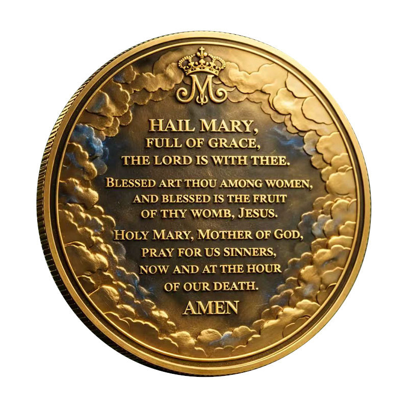 Hail Mary Full of Grace The Lord Is With Thee Amen Challenge Coin reverse – full prayer text crowned M monogram dramatic gold cloudscape antique gold finish reeded rim