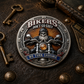 Bikers Don't Go Grey Challenge Coin – front detail lifestyle shot