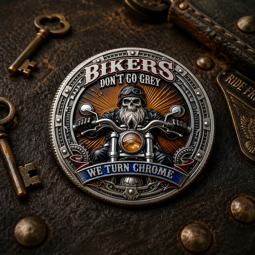 Bikers Don't Go Grey Challenge Coin – front detail lifestyle shot