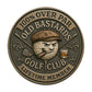 Old Bastards Golf Club 100% Over Par Lifetime Member Challenge Coin obverse closeup – grumpy golf ball character flat cap cigar whiskey glass crossed clubs tee antique bronze rope twist rim no enamel