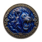 Be Strong and Courageous Joshua 1:9 The Lord Your God Is With You Challenge Coin obverse – roaring blue lion glowing eyes gold crosses antique silver deep blue enamel
