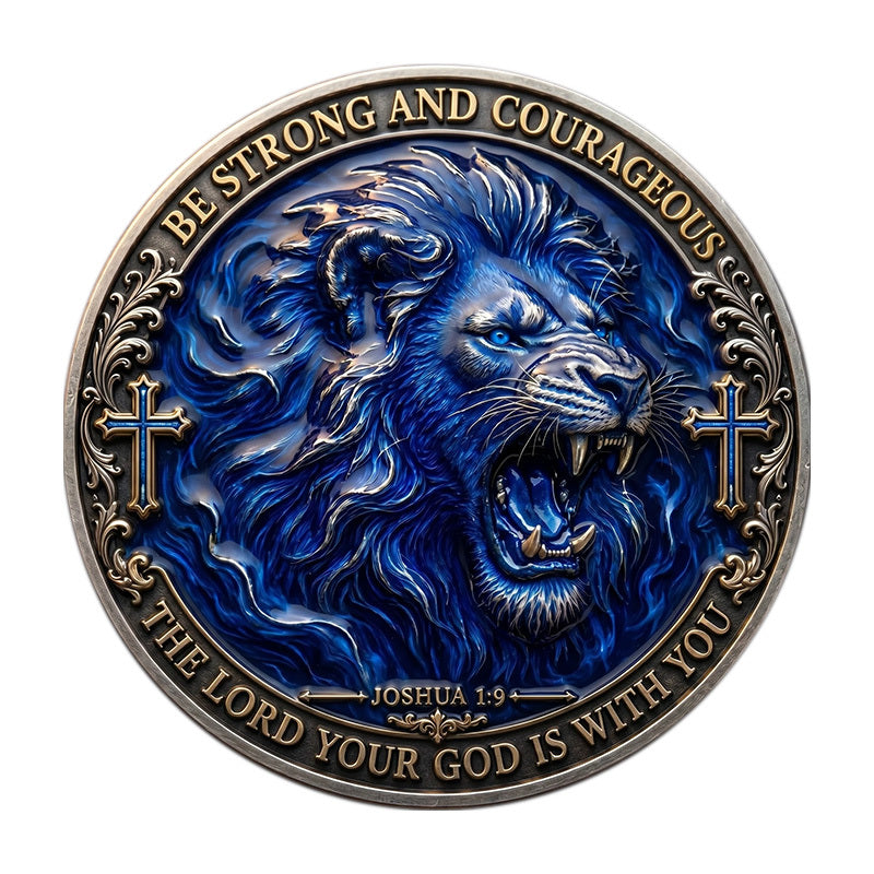 Be Strong and Courageous Joshua 1:9 The Lord Your God Is With You Challenge Coin obverse – roaring blue lion glowing eyes gold crosses antique silver deep blue enamel
