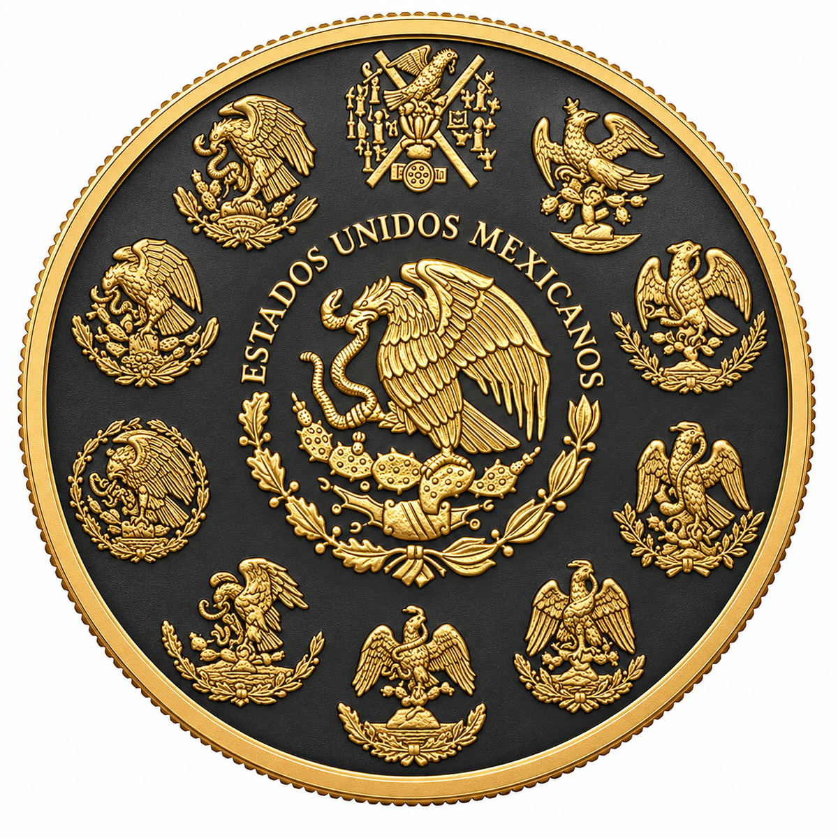 Mexican Libertad 5 oz Copper Round – Reverse (Estados Unidos Mexicanos, Black Ruthenium & Gold)