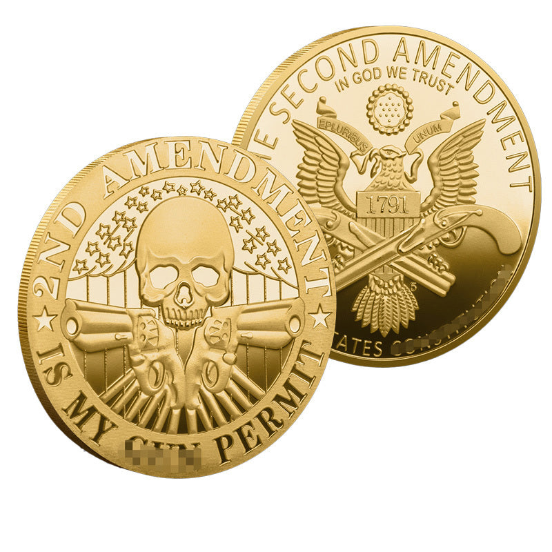 2nd Amendment Is My Gun Permit Challenge Coin No Enamel Edition both sides – gold skull crossed pistols stars stripes relief obverse and Second Amendment 1791 Great Seal bald eagle gold-tone reverse