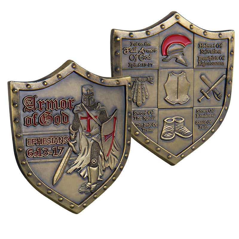 Armor of God Ephesians 6:13-17 Shield-Shaped Challenge Coin both sides – Templar knight red cross obverse and Full Armor of God six-panel reverse antique bronze studded shield shape