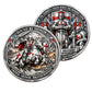 In the Darkest Hour When the Demons Come Call on Me Brother / Bound by Honor Order Honor Brotherhood Templar Challenge Coin both sides display – antique silver red enamel knight cavalry battle