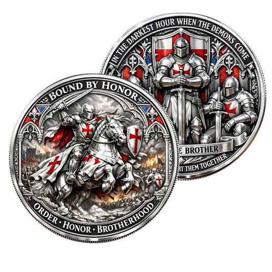 In the Darkest Hour When the Demons Come Call on Me Brother / Bound by Honor Order Honor Brotherhood Templar Challenge Coin both sides display – antique silver red enamel knight cavalry battle