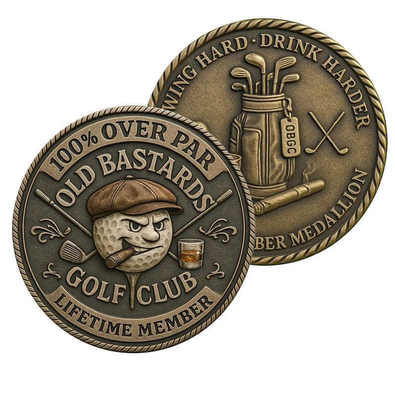 Old Bastards Golf Club Lifetime Member / Swing Hard Drink Harder OBGC Official Member Medallion Challenge Coin both sides display – antique bronze no enamel rope twist rim