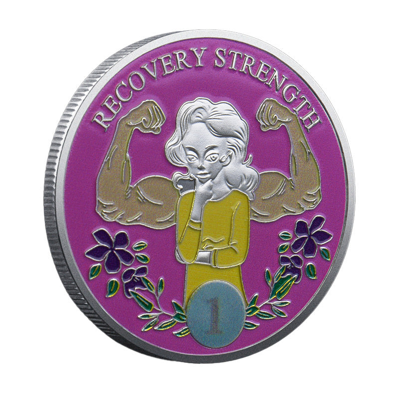 Recovery Strength Women’s Sobriety Challenge Coin Silver-Tone obverse closeup – strong woman flexing biceps purple pink enamel antique silver Year 1 blue oval violet flowers