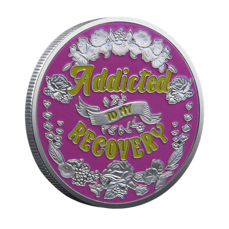 Recovery Strength Addicted to My Recovery Silver-Tone Coin reverse closeup – Addicted to My Recovery gold script silver floral wreath roses purple enamel