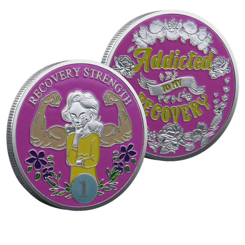 Recovery Strength Addicted to My Recovery Silver-Tone Challenge Coin both sides display – flexing woman Year 1 obverse and Addicted to My Recovery floral reverse antique silver purple enamel