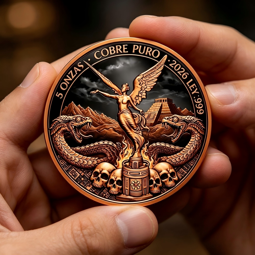 Mexico Libertad 5 oz .999 Fine Copper Round – Aztec Serpent & Skull Dark Art Edition 2026 (Min. 20 Units)