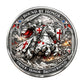 Bound by Honor Order Honor Brotherhood Templar Knight Challenge Coin reverse – mounted crusader knight charging white horse red cross battle scene antique silver red enamel