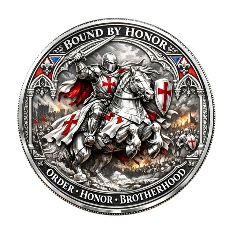 Bound by Honor Order Honor Brotherhood Templar Knight Challenge Coin reverse – mounted crusader knight charging white horse red cross battle scene antique silver red enamel