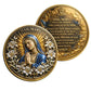 Hail Mary Full of Grace Virgin Mary Praying Lily Wreath Gold Catholic Challenge Coin both sides display – antique gold blue mantle lily halo obverse and full prayer reverse