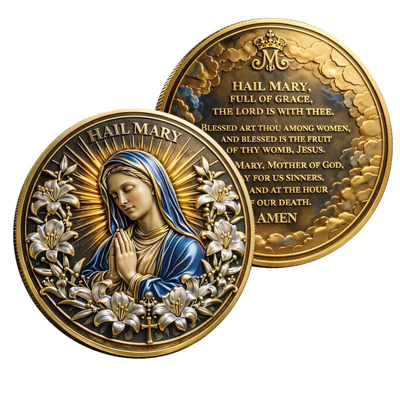 Hail Mary Full of Grace Virgin Mary Praying Lily Wreath Gold Catholic Challenge Coin both sides display – antique gold blue mantle lily halo obverse and full prayer reverse