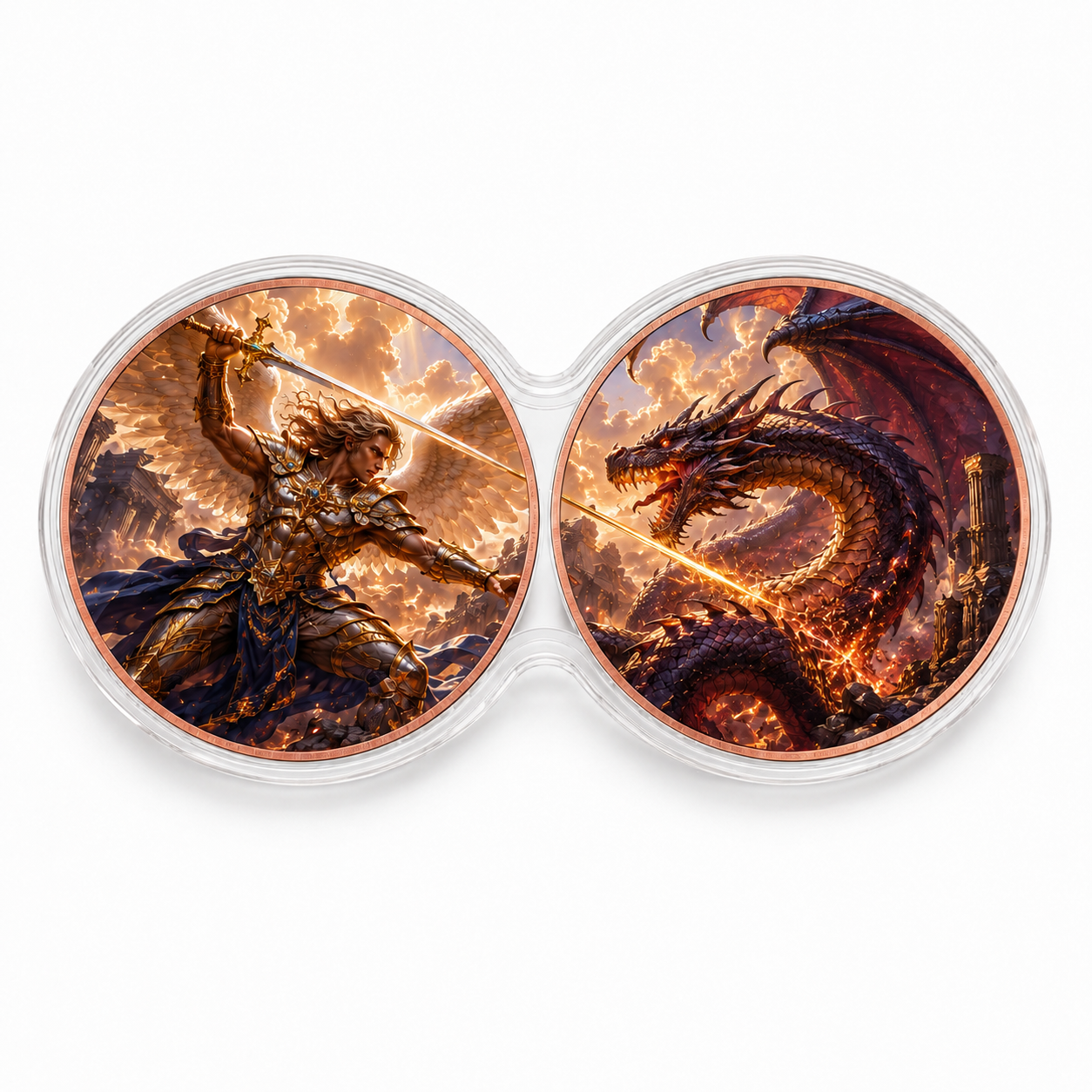Archangel vs. Dragon Panoramic Dual 1 oz .999 Fine Copper Coin Set – Battle of the Ages Edition (10 Sets Minimum)