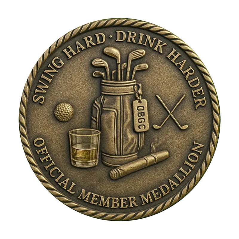 Swing Hard Drink Harder OBGC Official Member Medallion Challenge Coin reverse closeup – golf bag clubs OBGC tag crossed clubs cigar whiskey glass golf ball antique bronze rope twist rim