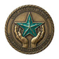 PTSD Awareness You Are Not Alone I’ve Got Your Six Challenge Coin reverse closeup – cracked teal star cupped hands PTSD Awareness antique bronze rope twist rim
