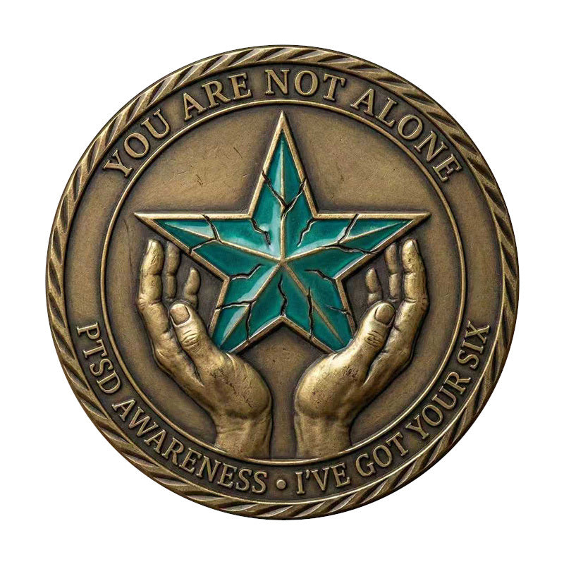 PTSD Awareness You Are Not Alone I’ve Got Your Six Challenge Coin reverse closeup – cracked teal star cupped hands PTSD Awareness antique bronze rope twist rim