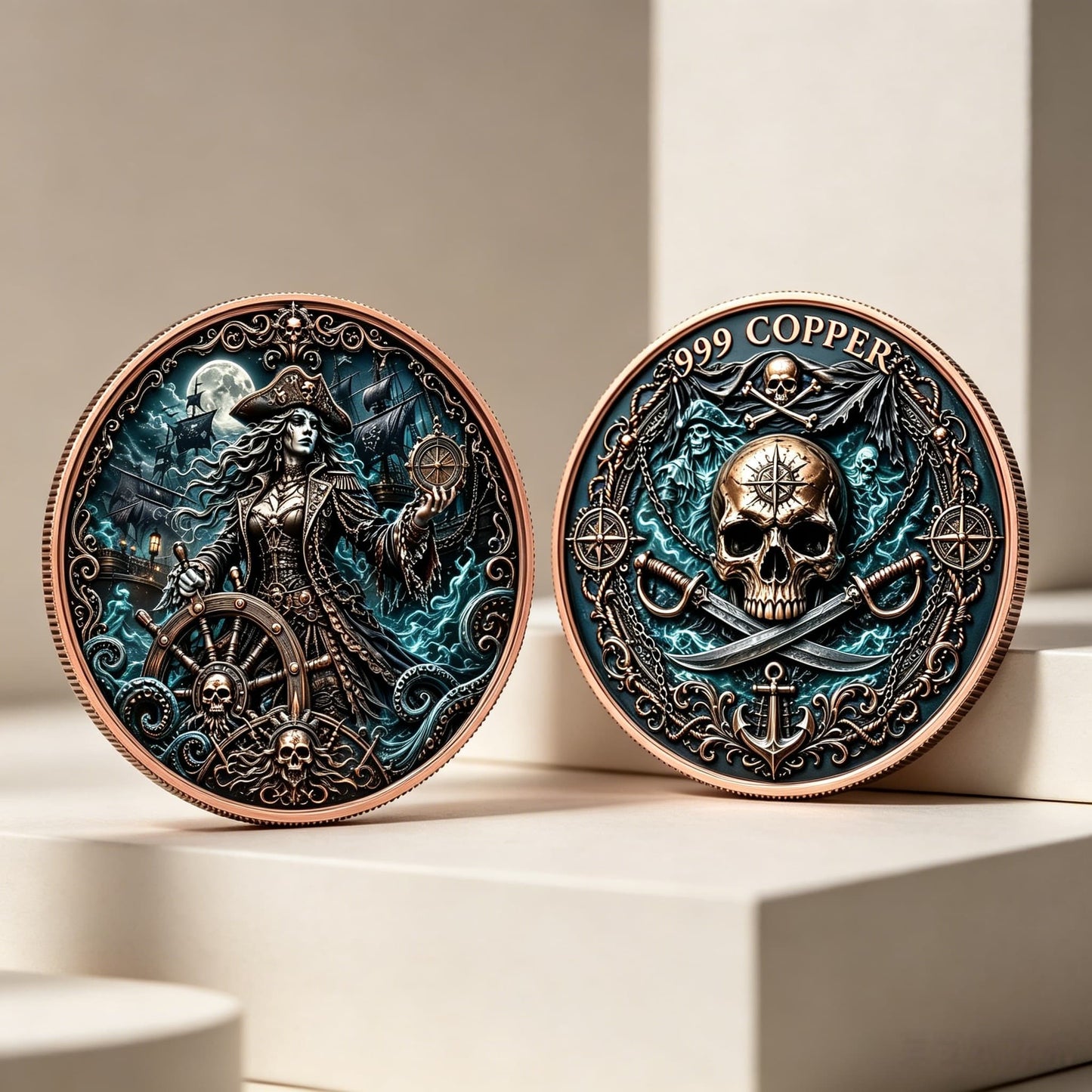Pirate Captain Challenge Coin – 1 Troy Oz .999 Copper 3D | 40mm | 20 pc Minimum
